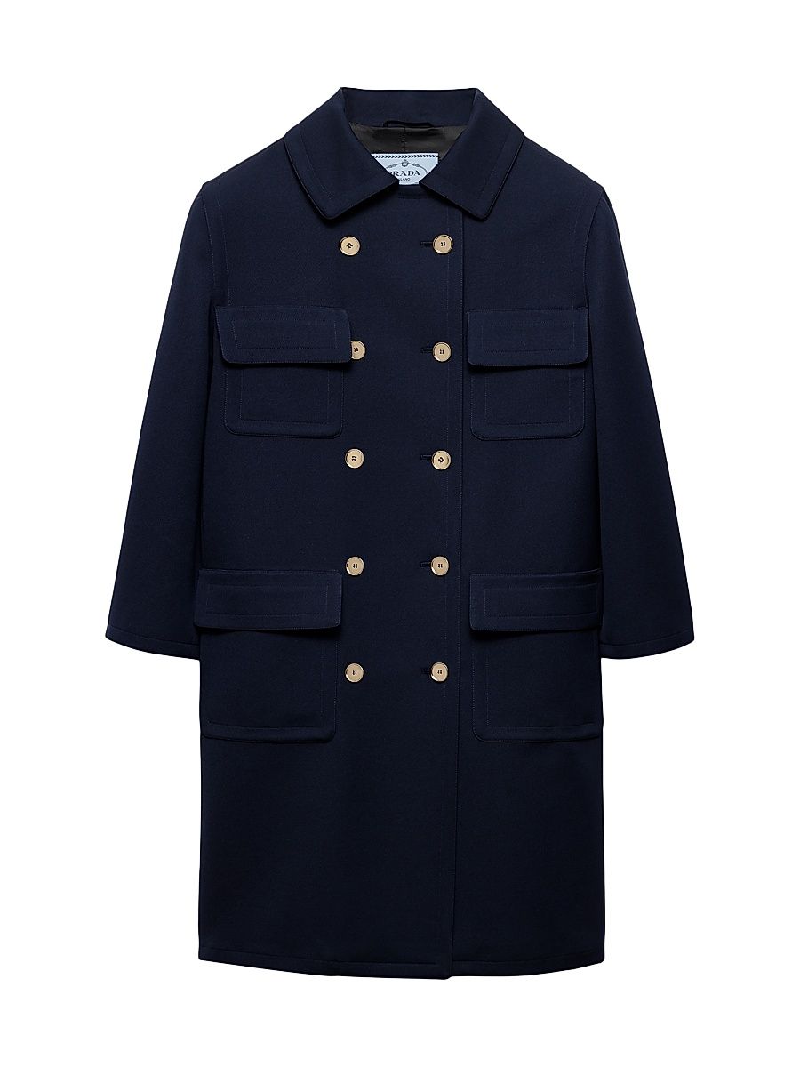 Women's Double-Breasted Technical Tricotine Coat - Blue - Size 6