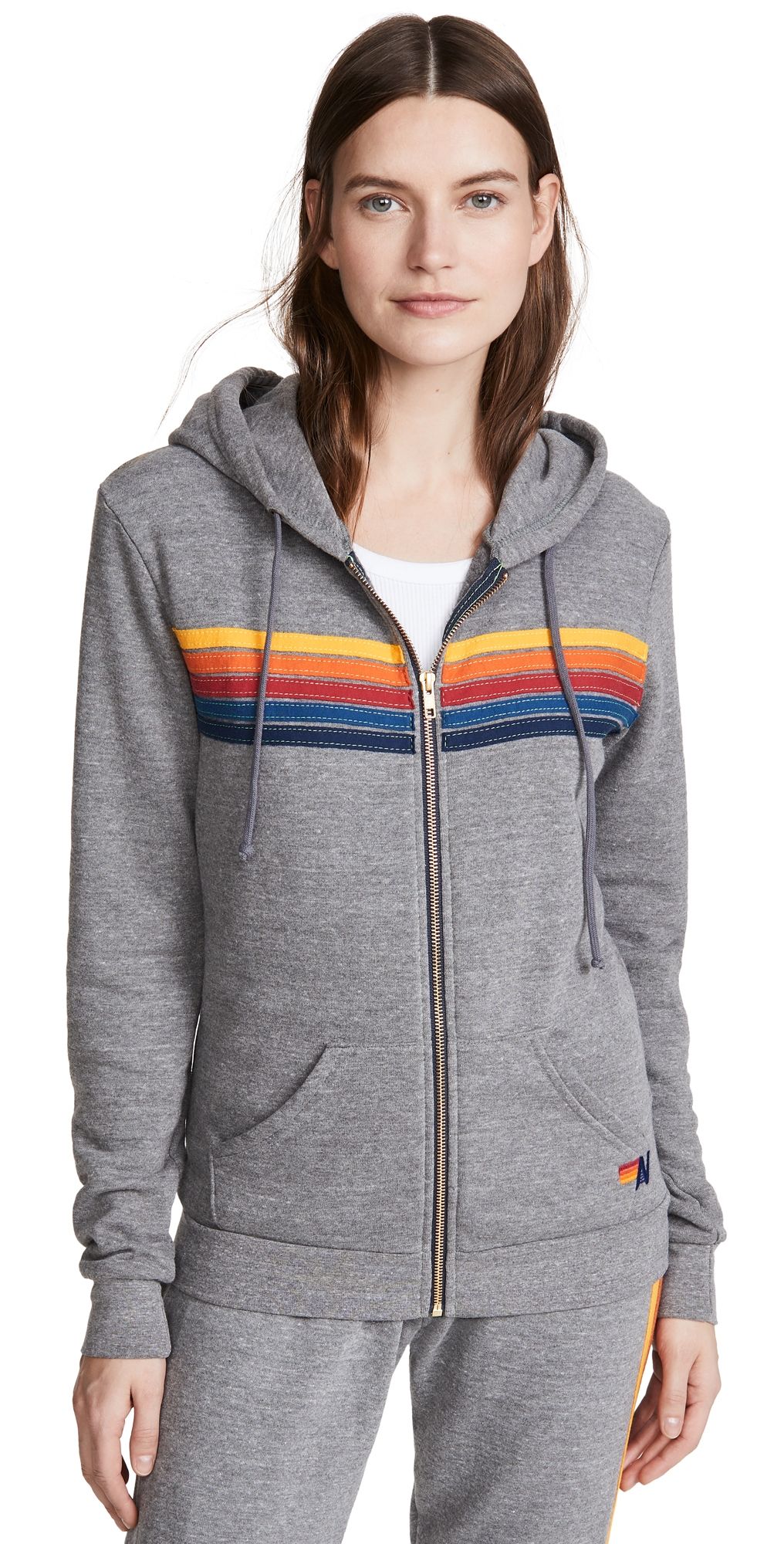 Aviator Nation 5 Stripe Zip Hoodie Heather Grey XS