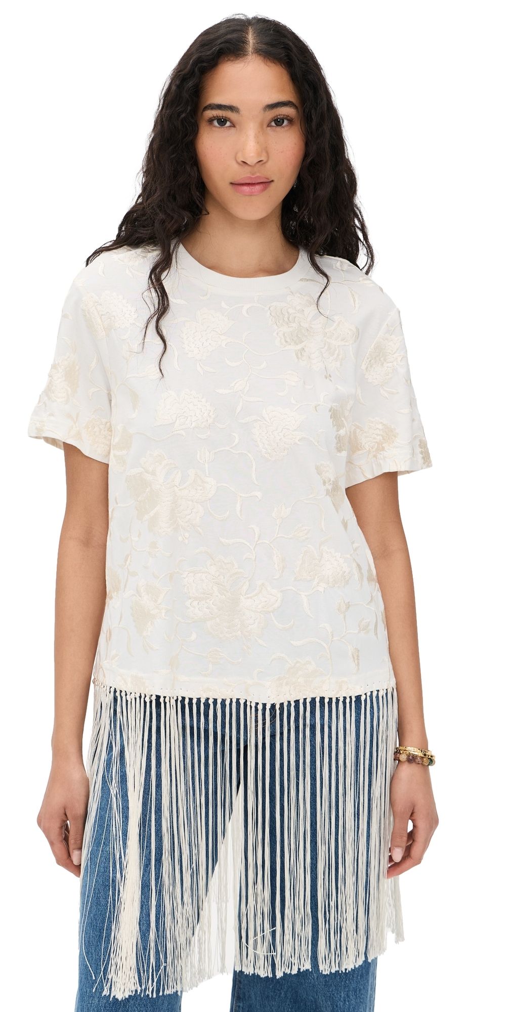 Sea Rafina Eyelet Embellished T-Shirt with Fringe White XXS