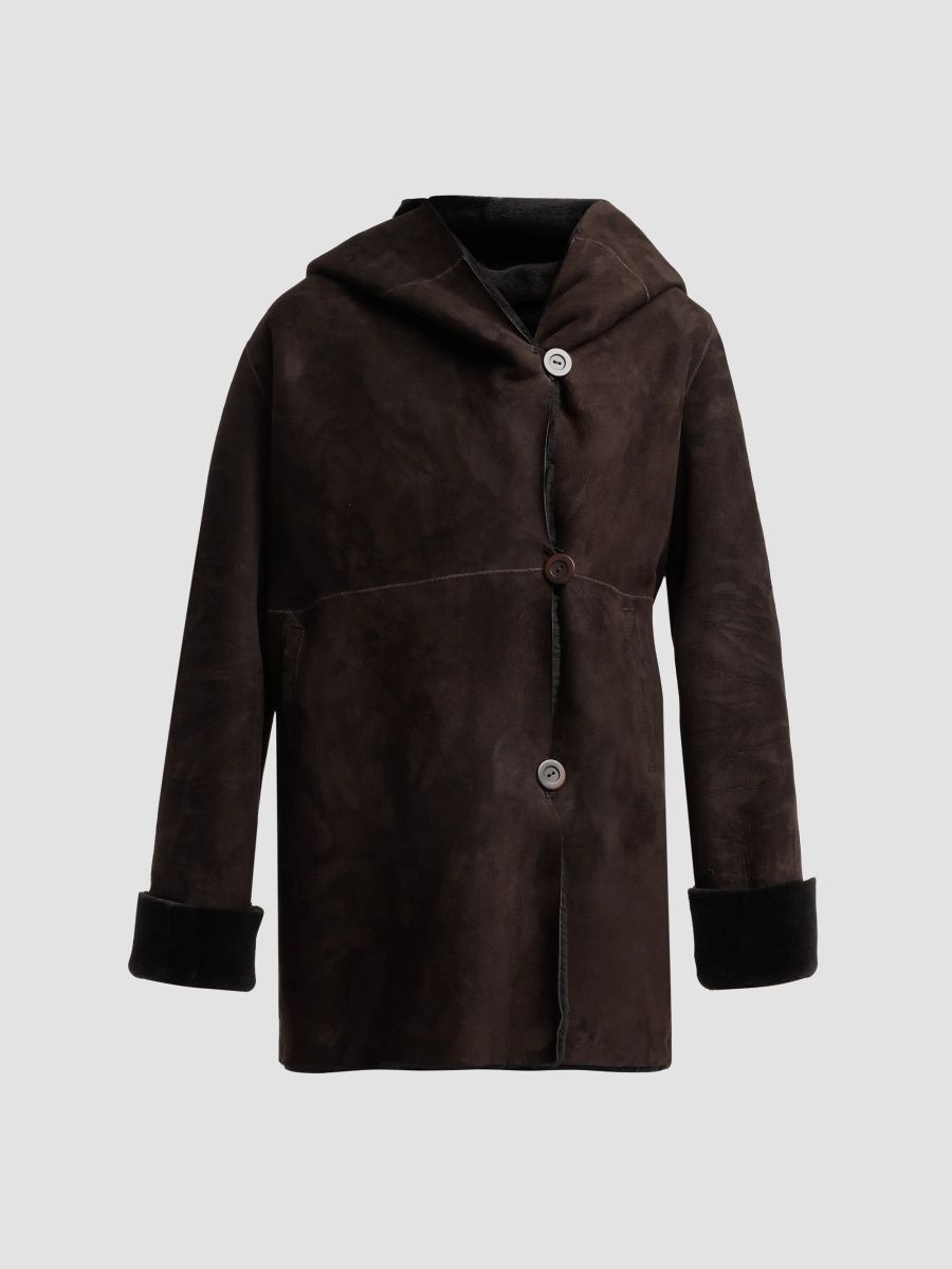 Sofia Cashmere Women's Shearling Hooded Coat - Dark Brown - Size Large