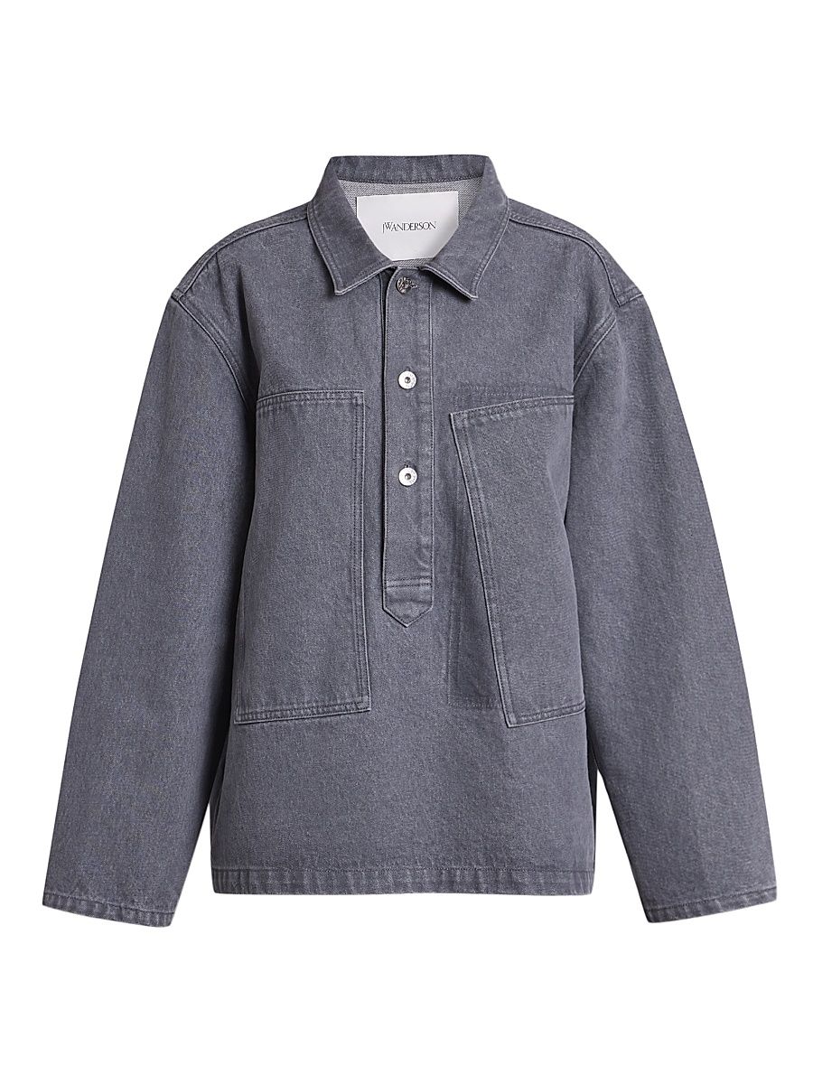 Women's Patch-Pocket Denim Rugby Shirt - Light Grey - Size Medium