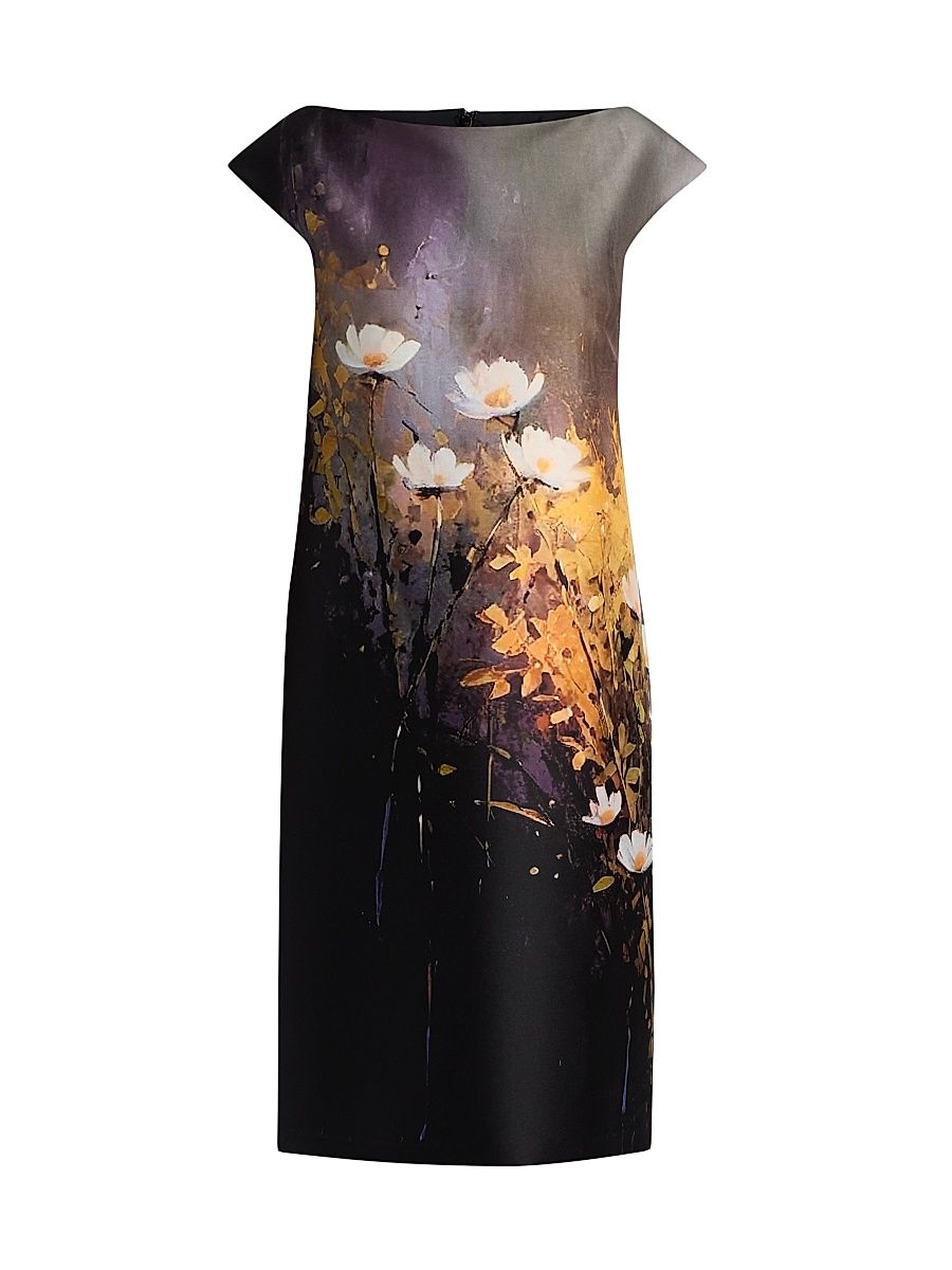Women's Mikado Wild Flower Knee-Length Dress - Black Multi - Size 2