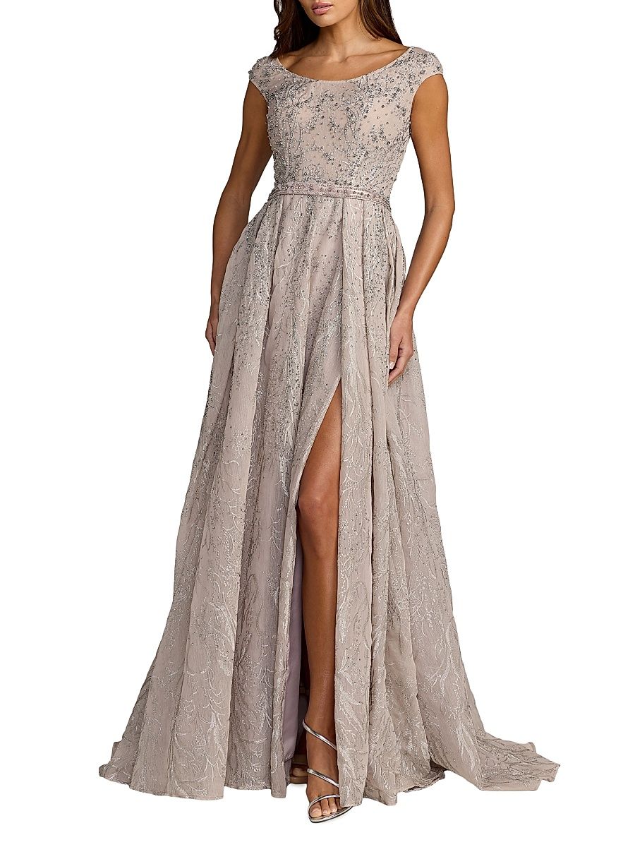 Women's Embellished Tulle Cap-Sleeve Gown - Taupe - Size 18
