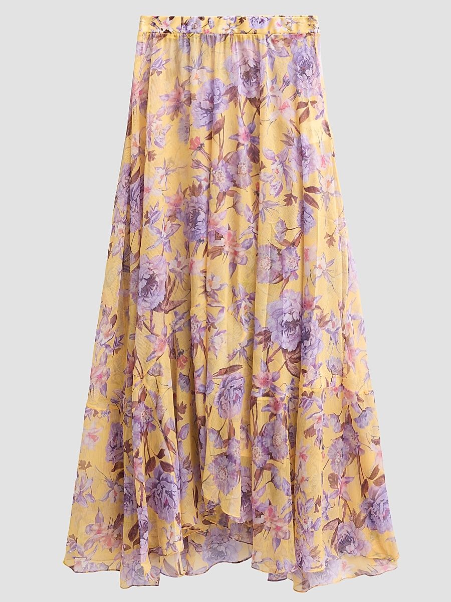 Women's Peony-Print Chiffon Maxi Skirt - Yellow - Size XS