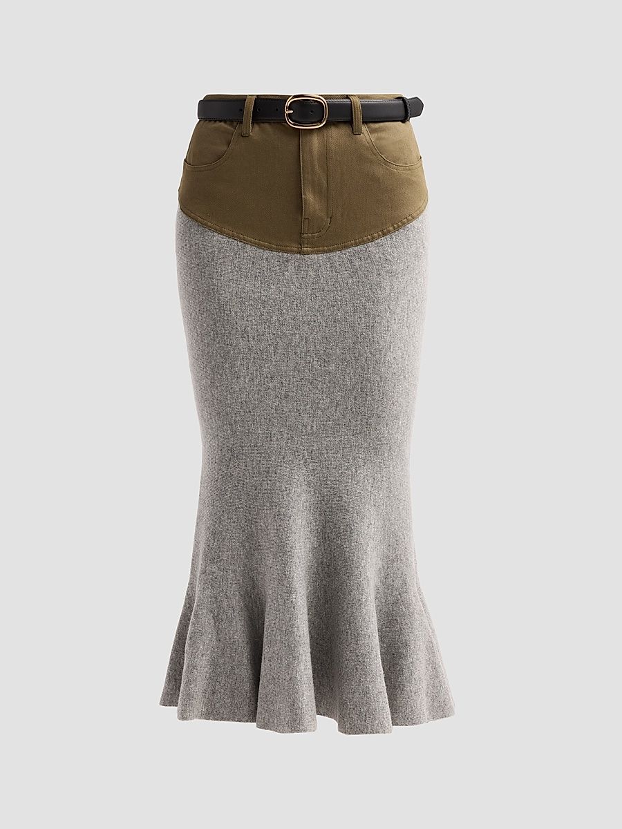 Women's Denim-Insert Knit Midi Skirt - Grey - Size Medium