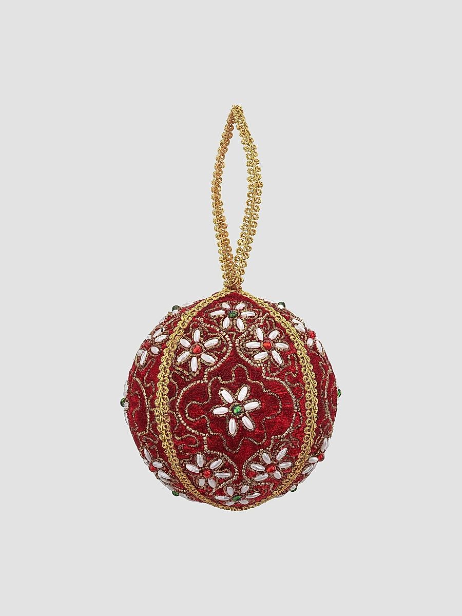 Holiday Red Velvet, Glass Bead & Imitation Pearl Ball Ornament - Red