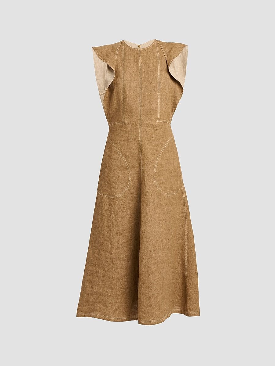 Women's Straw Linen Midi-Dress - Multi Brown - Size 2