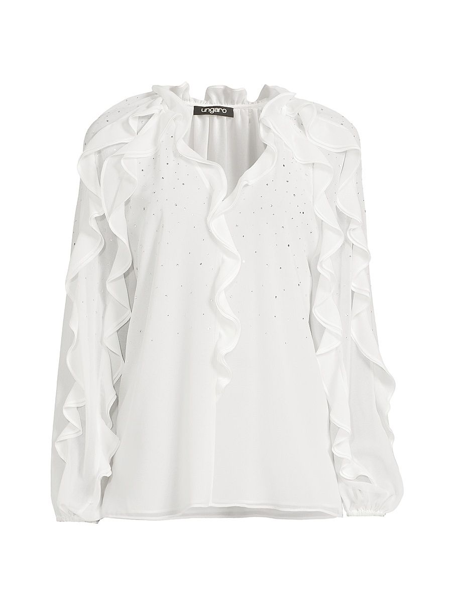 Women's Aurora Crystal-Embellished Ruffled Blouse - White - Size Large