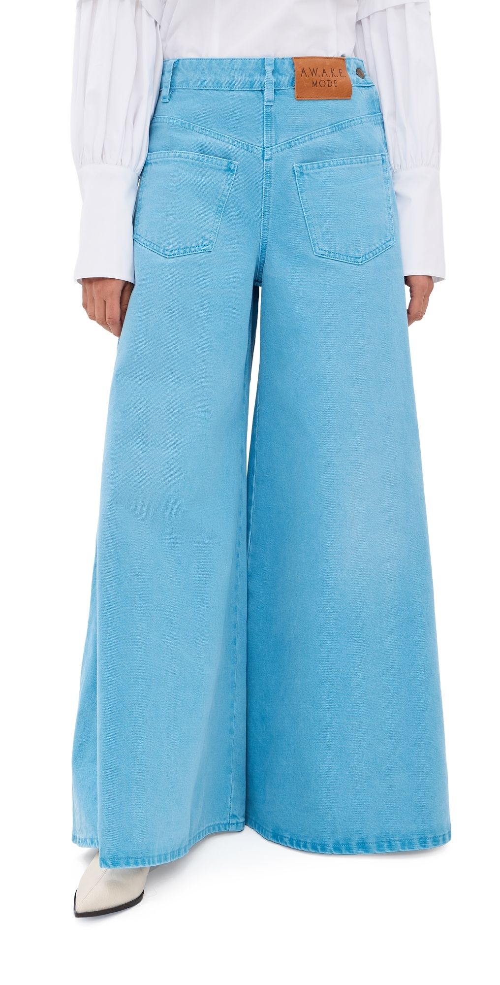 A. W.A. K.E. MODE Super Wide Leg Mirror Jeans Bright Blue 38