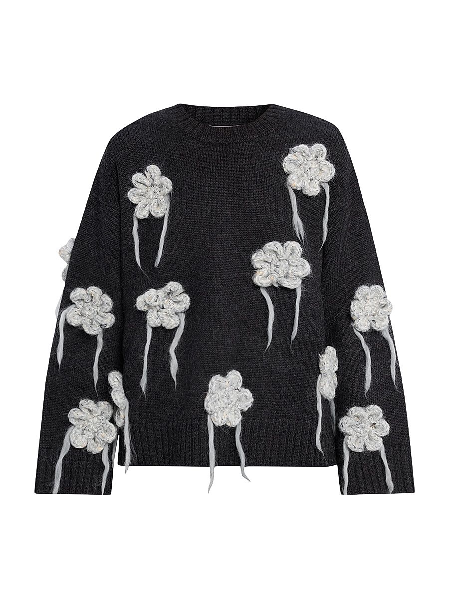 Women's Floral Crochet Crewneck Sweater - Black - Size Large