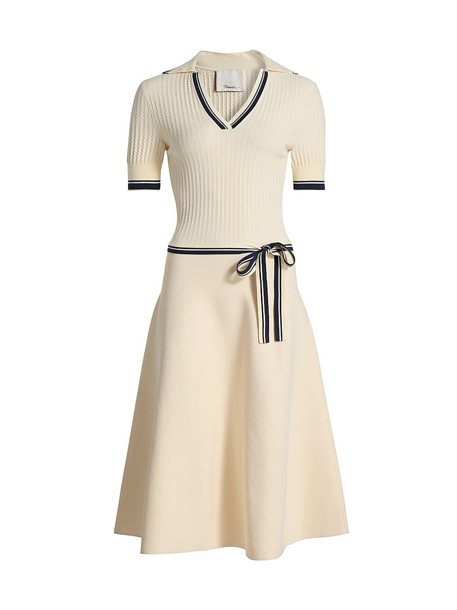 Women's Textured Ribbed Tie-Waist Polo Dress - Caviar Royalty - Size Large