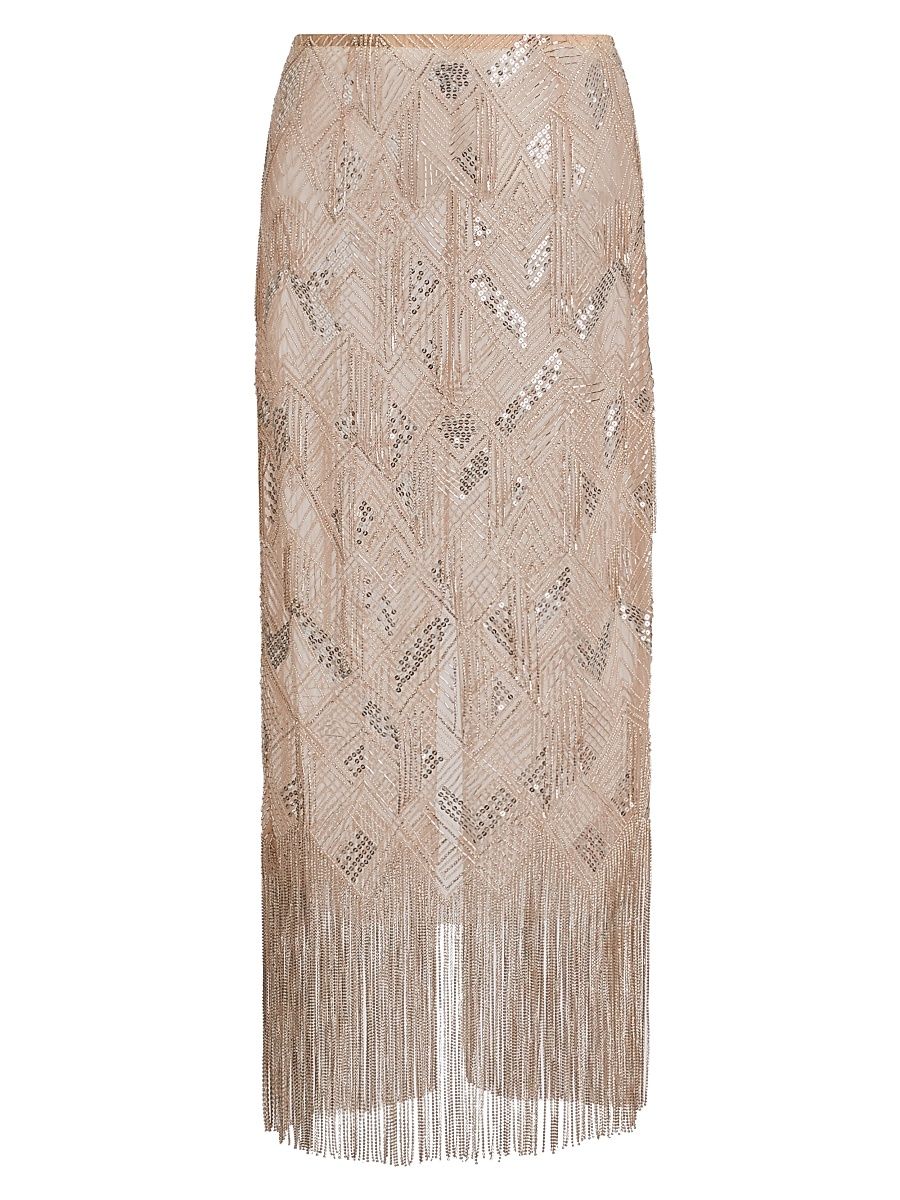 Women's Geometric Crystal Fringe Skirt - Silver - Size 2