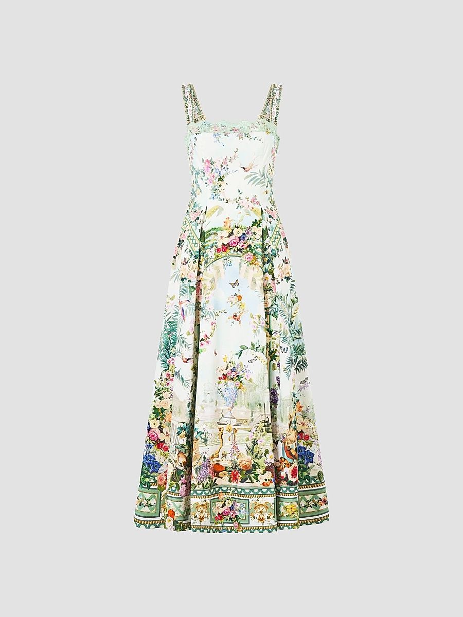 Women's Printed A-Line Tea-Length Dress - Green - Size XXL