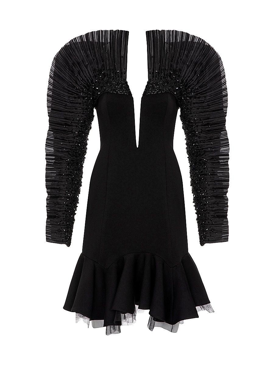 Women's Pleated Sequin-Sleeve Minidress - Black - Size 4