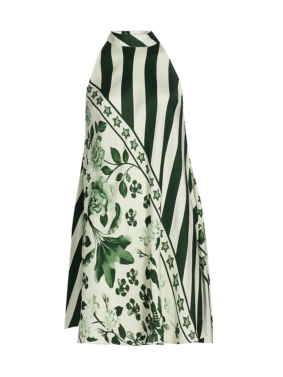 Women's Pushpanjali Bias Print Minidress - Ivory Emerald Palm Mono Panel - Size XS