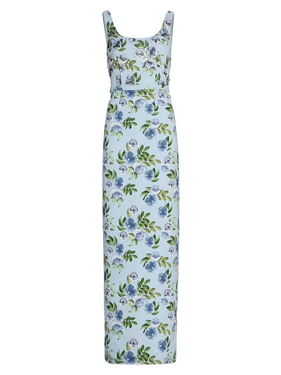 Women's Lana Floral Faille Column Gown - Sky Blue Morning Glory - Size 14