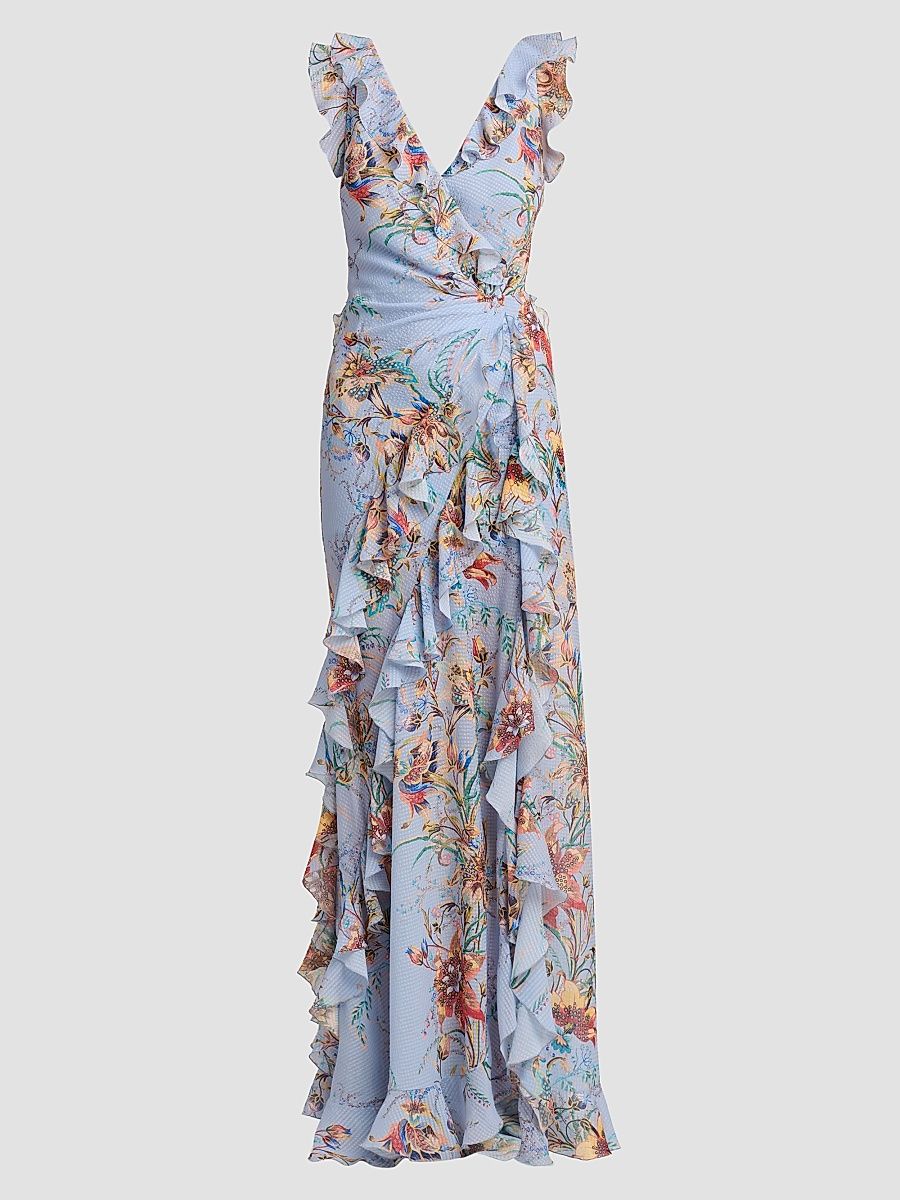 Women's Printed Ruffle-Trimmed Maxi Dress - Printed Blue - Size 14