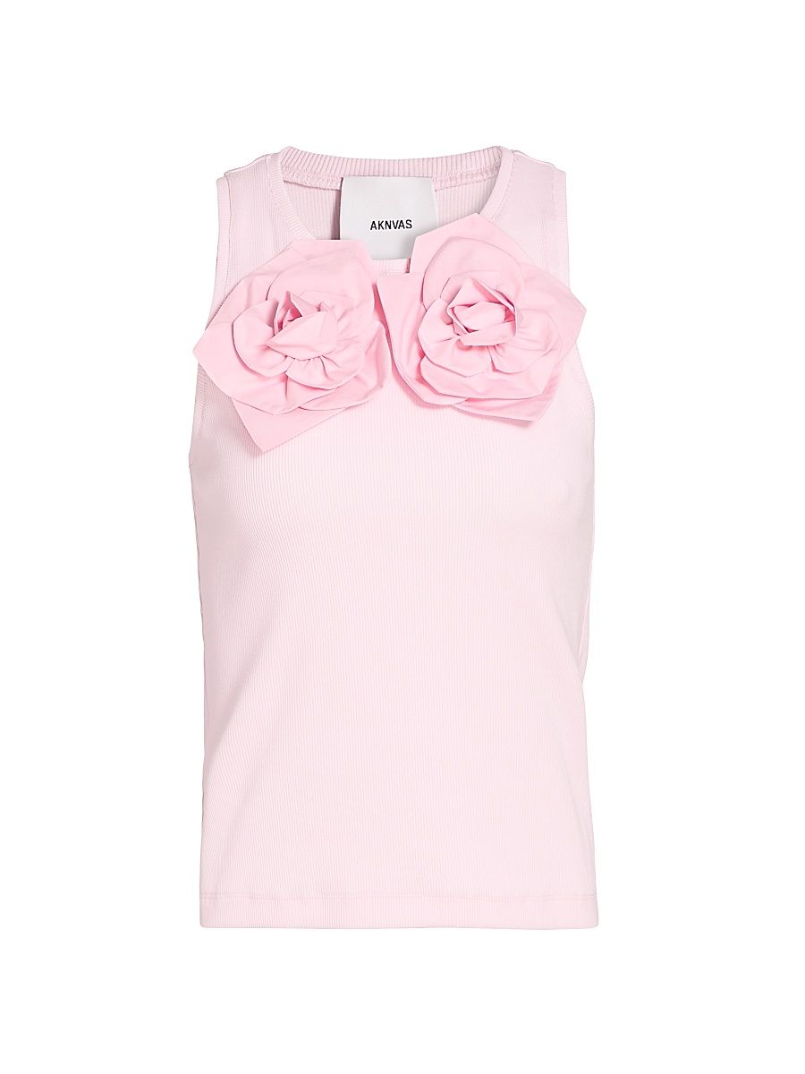 Women's Camille Floral Appliqué Cotton Tank - Pink - Size Large