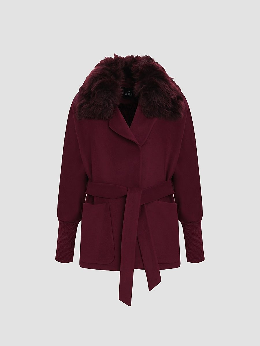 Gorski Women's Fabric Jacket with Detachable Shearling Lamb Collar, Belt - Burgundy - Size XL