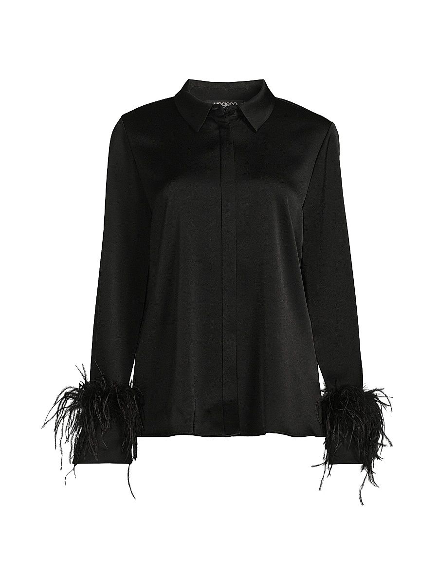 Women's Luna Feather-Cuff Satin Blouse - Black - Size XL