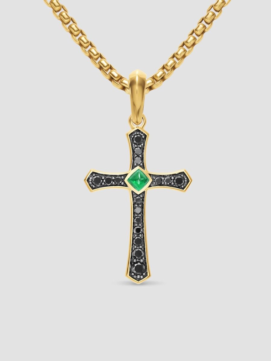 David Yurman Men's Knife Edge Cross Amulet in 18K Yellow Gold - Emerald