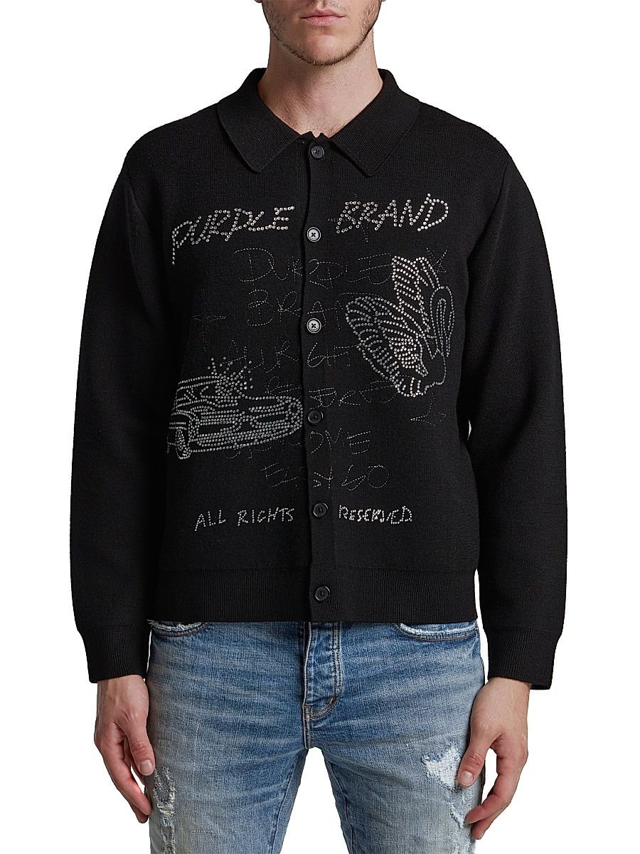 Men's Embellished Collar Cardigan - Black - Size Large