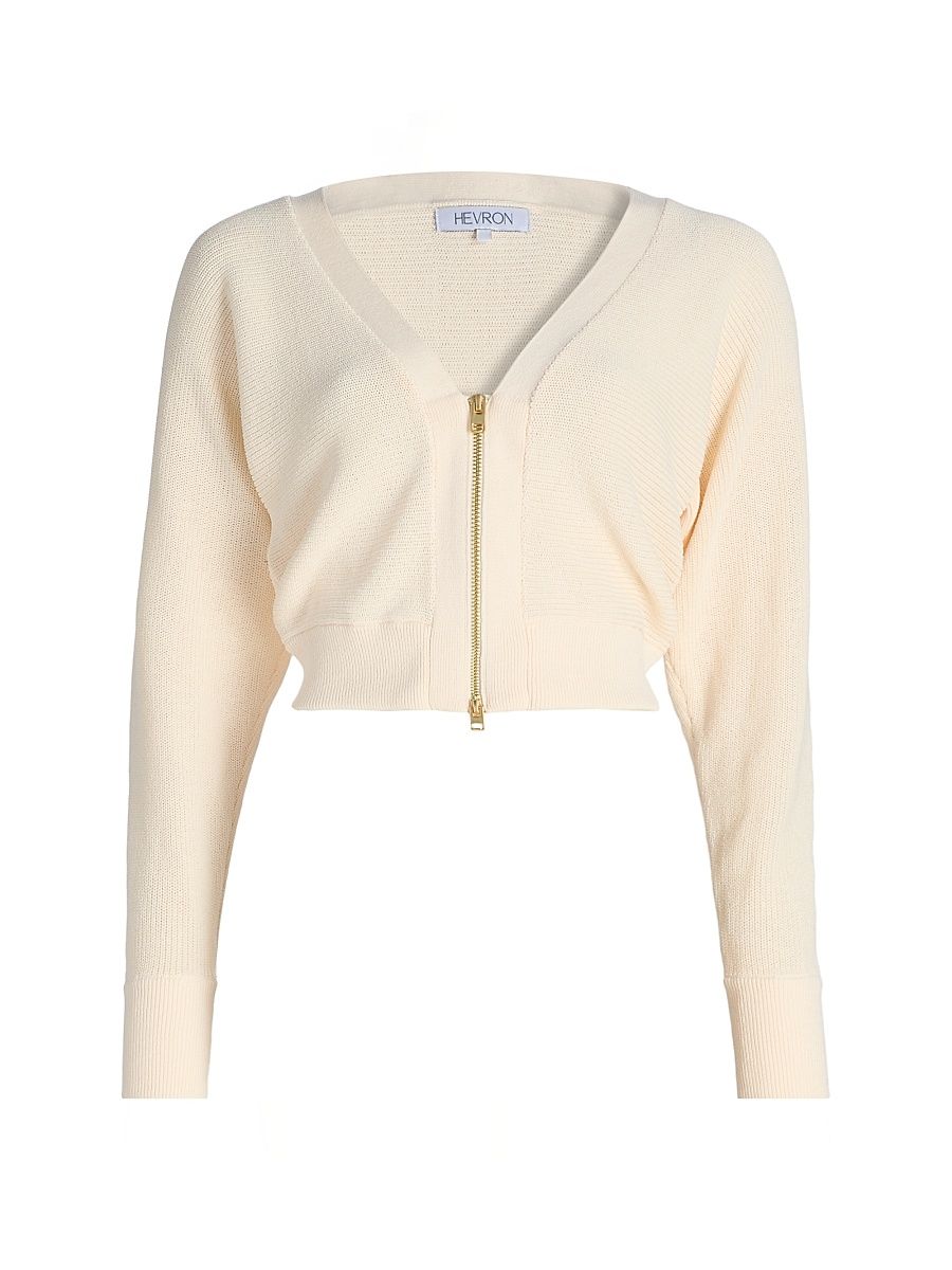 Women's V-Neck Zip-Front Knit Top - Ivory - Size Small