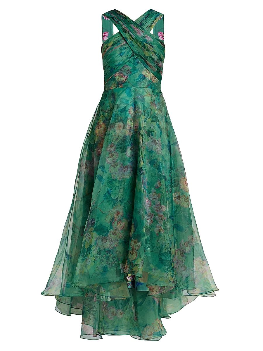 Women's Luana Floral Organza High-Low Gown - Lush Greenwood - Size 14