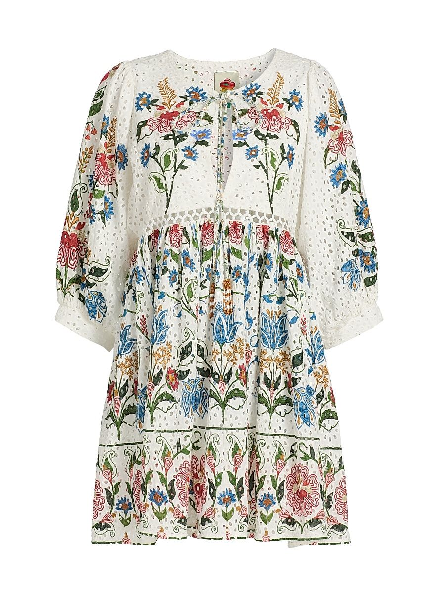 Women's Stitched Garden Cotton Minidress - Off White - Size XL