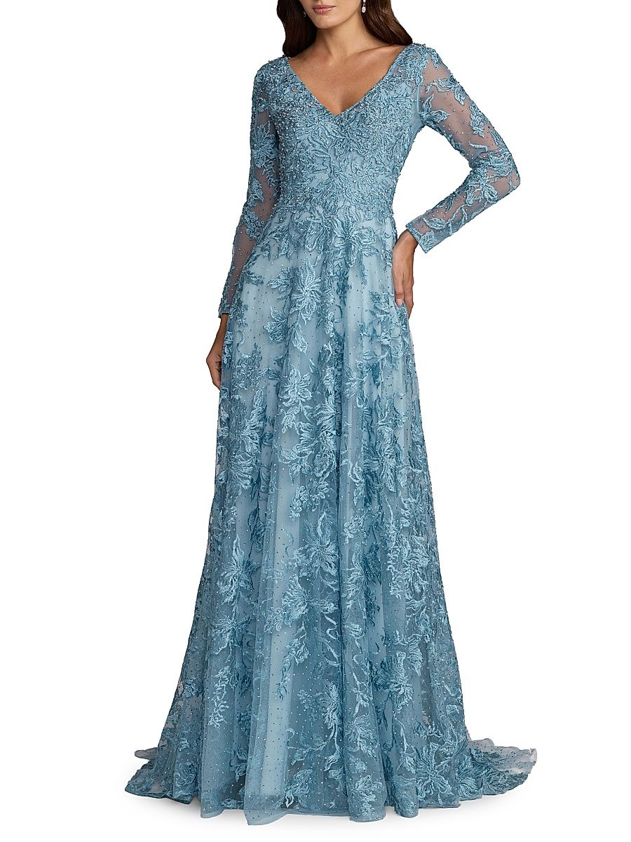 Women's Evening Crystal-Embellished V-Neck Gown - French Blue - Size 18