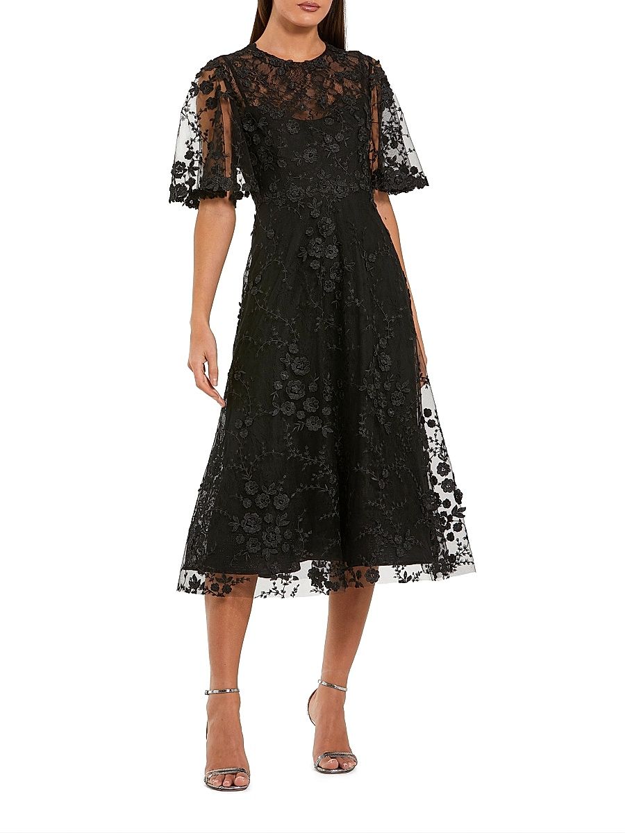 Women's Cocktail Embroidered Mesh Midi-Dress - Black - Size 24