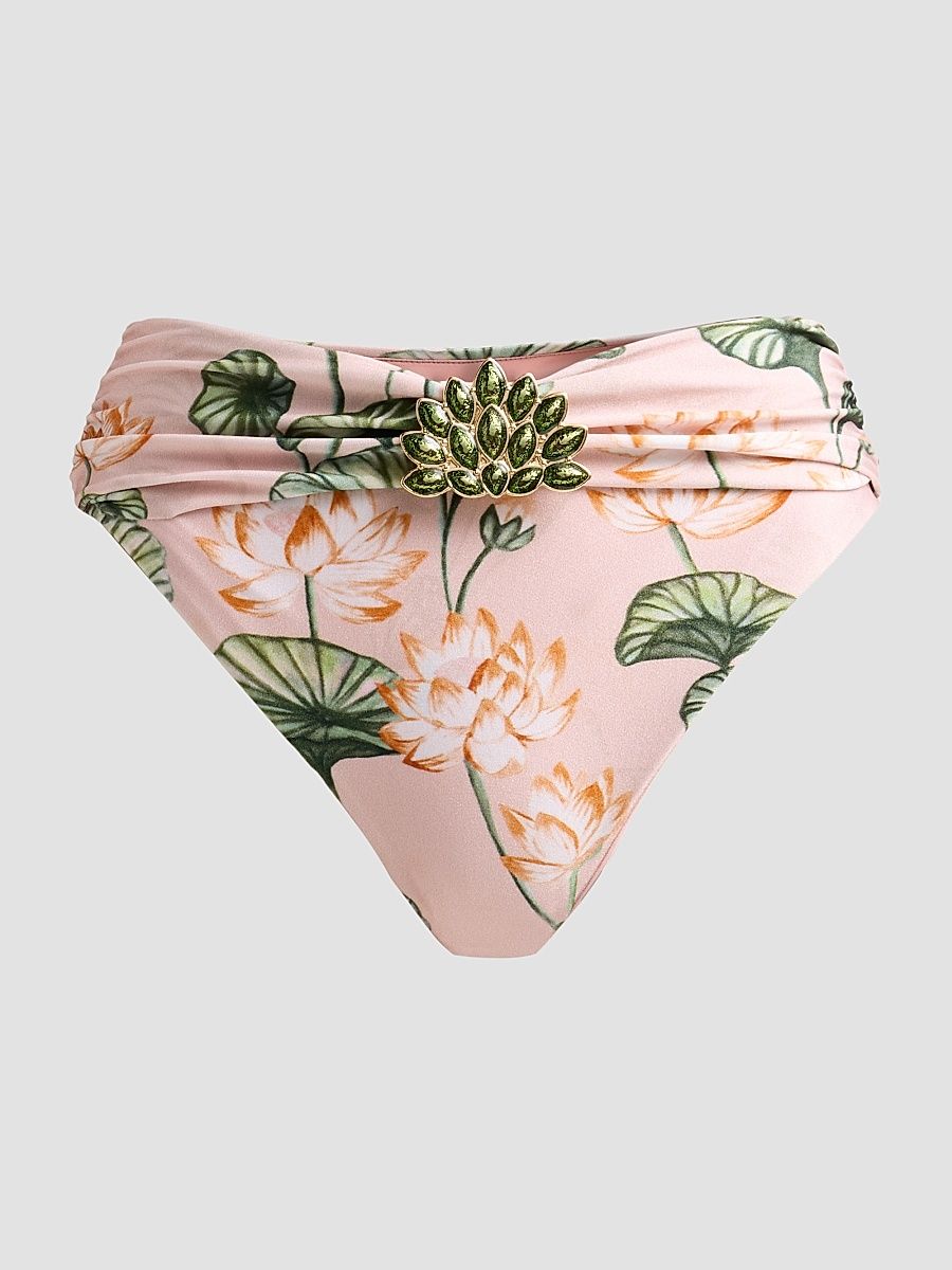 Women's Beaded Appliqué Lotus High-Waist Bikini Bottom - Light Pink - Size XS