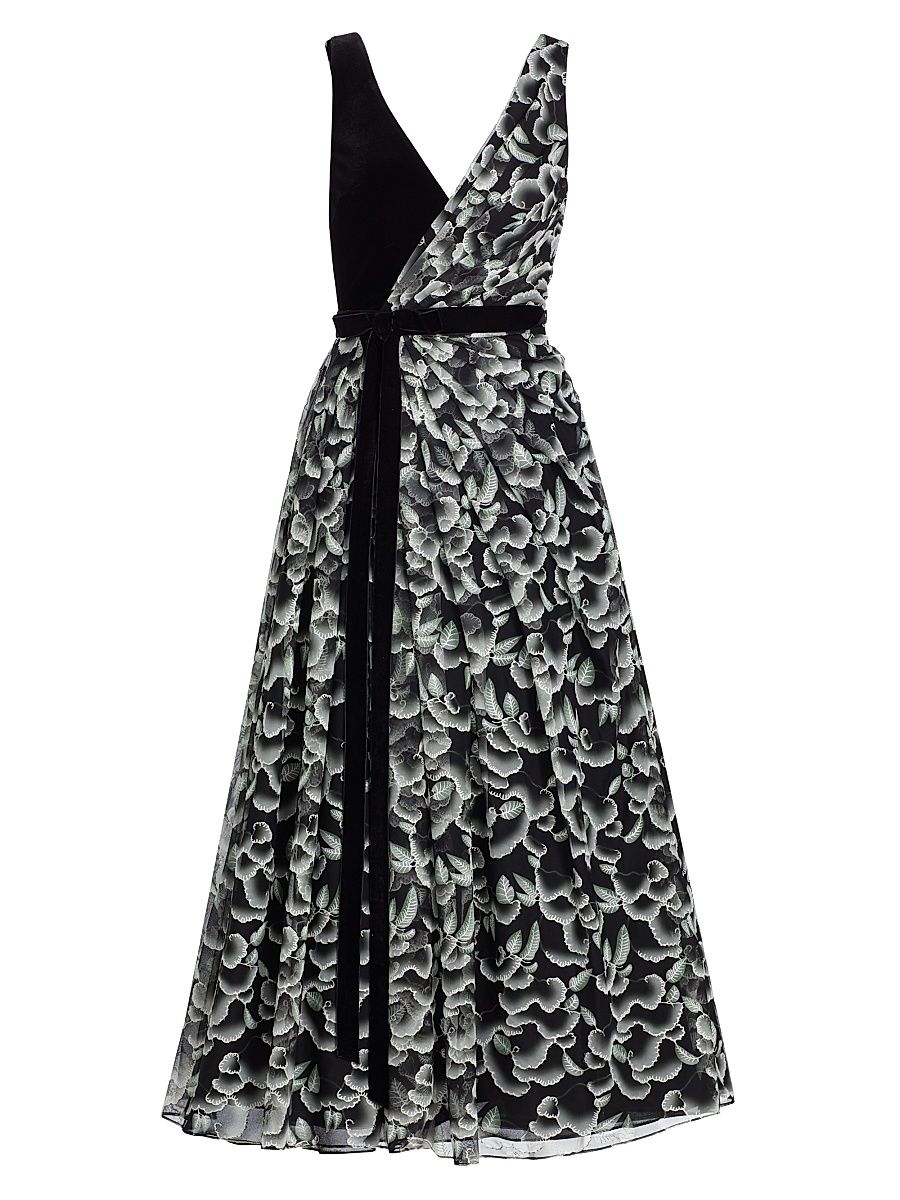 Women's Floral Bow Pleated Gown - Black White - Size 12