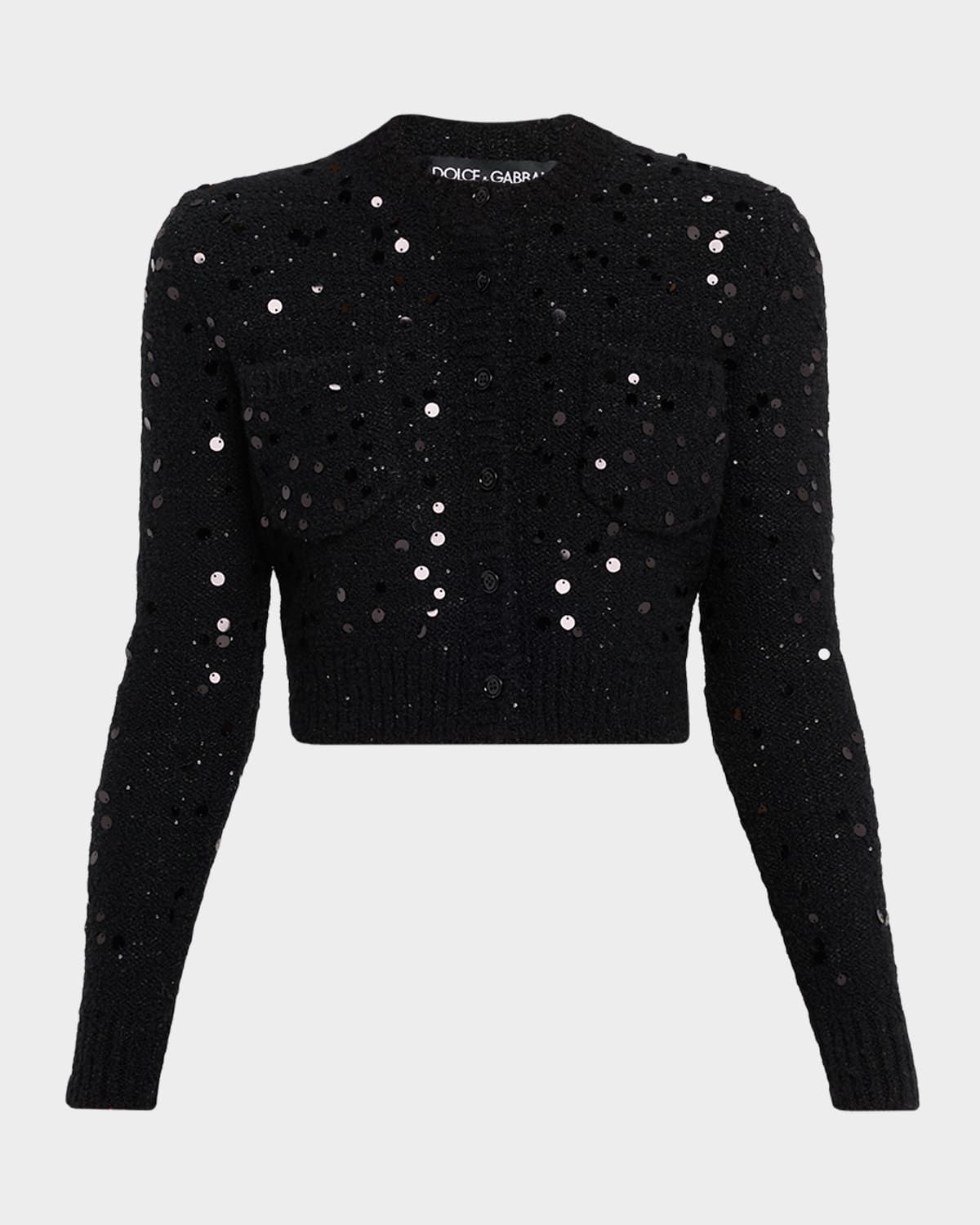 Sequined Wool Crop Crewneck Cardigan