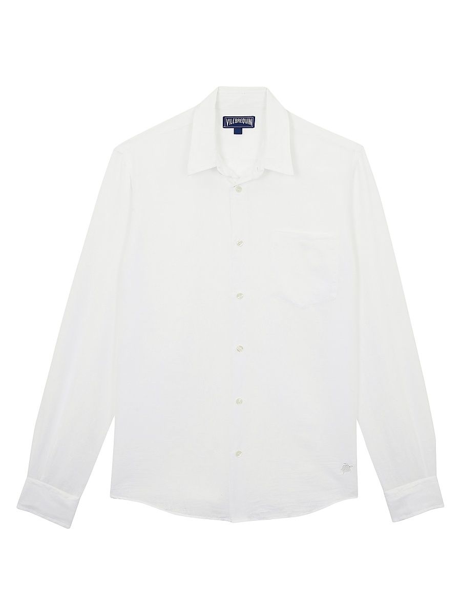 Men's Cotton-Linen Jacquard Button-Front Shirt - Blanc - Size XXL