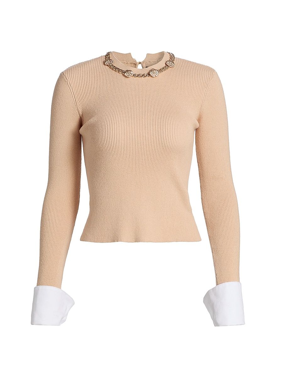 Women's Lieber Contrast-Cuff Ribbed Sweater - Camel - Size XL