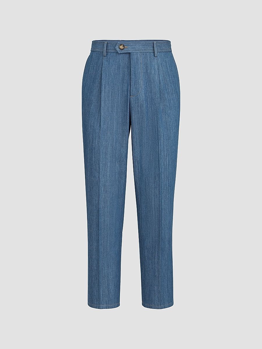 Men's Lightweight Denim Trousers with Double Pleats - Medium Denim - Size 48