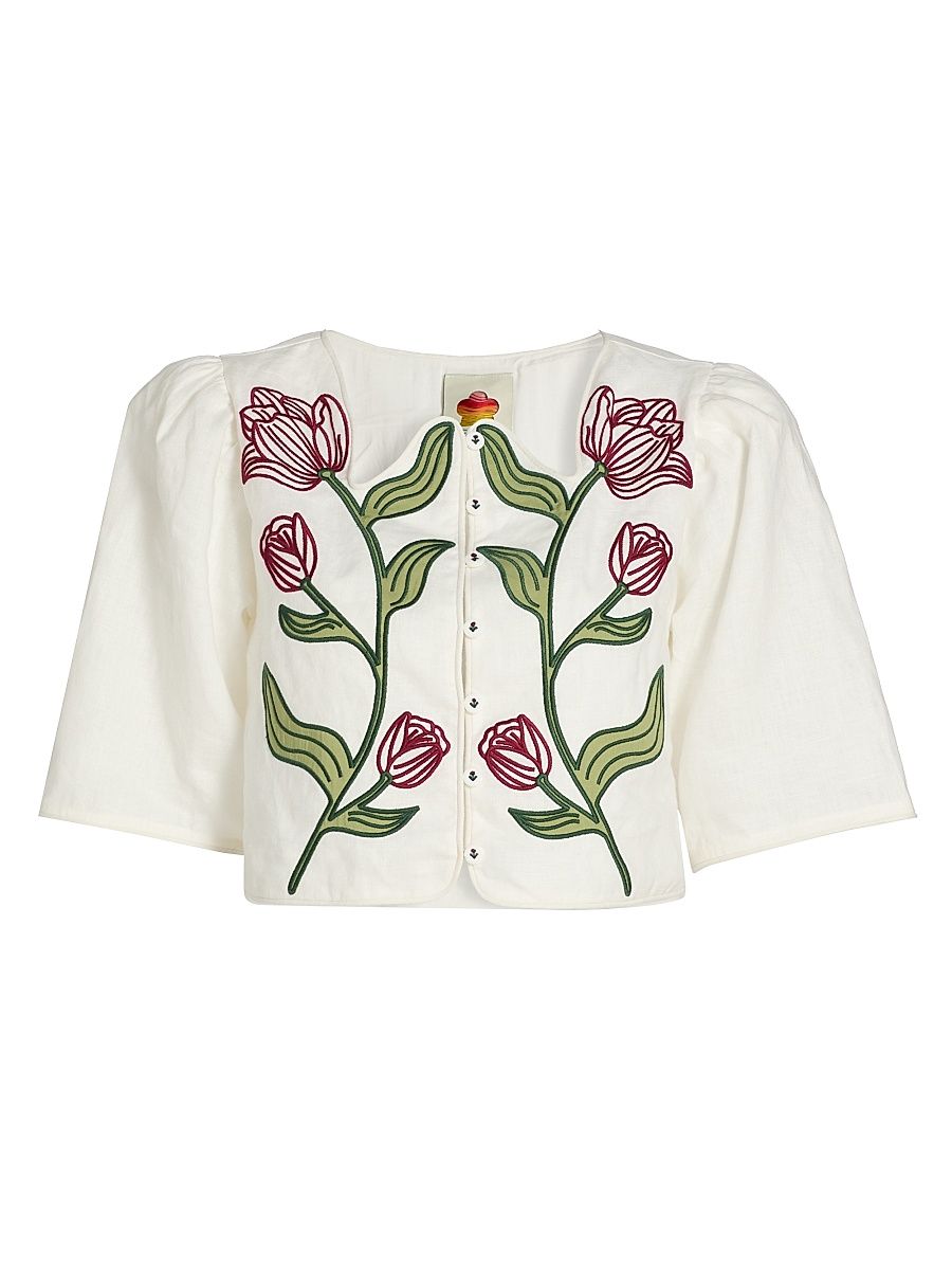 Women's Floral-Embroidered Linen Crop Top - Off White - Size XL