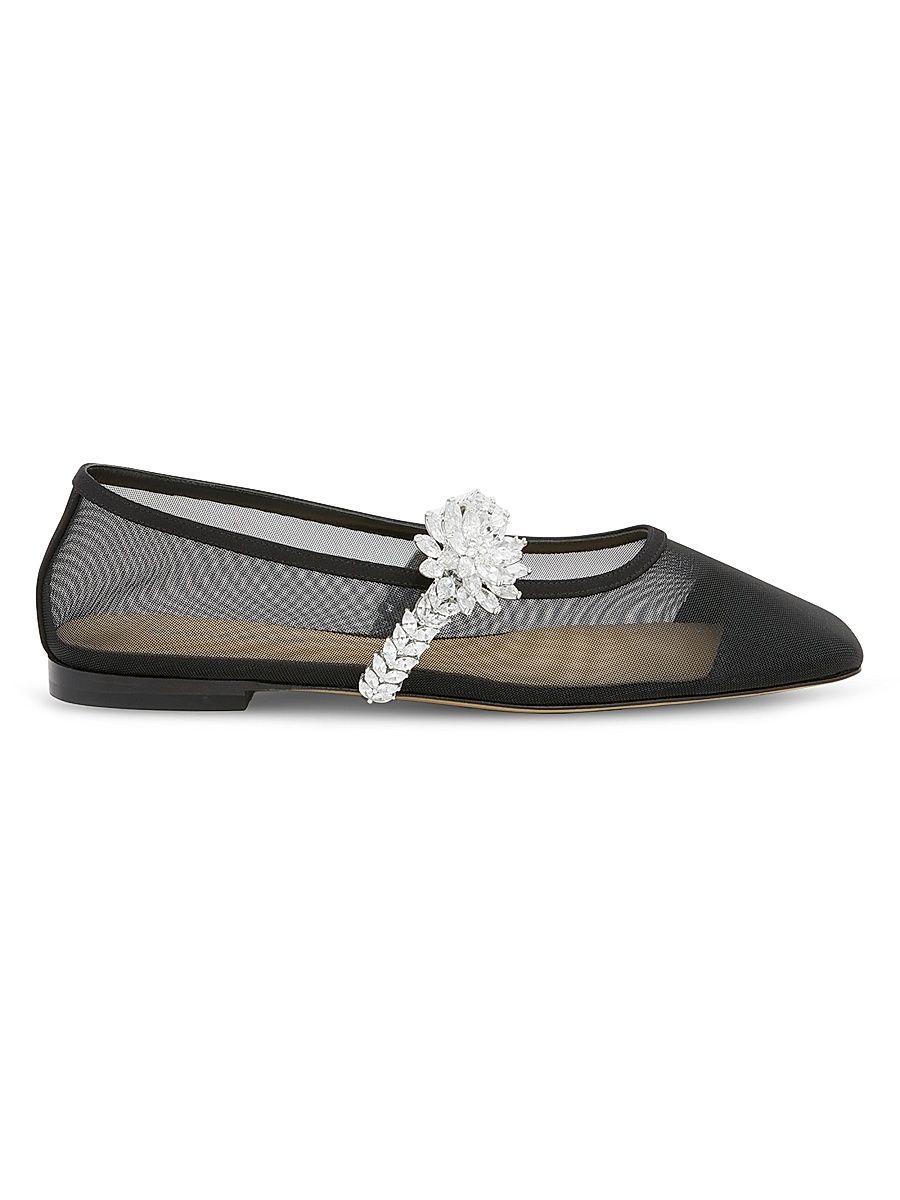 Women's Lotus Flower Jewelled Mesh Ballet Flats - Black - Size 12