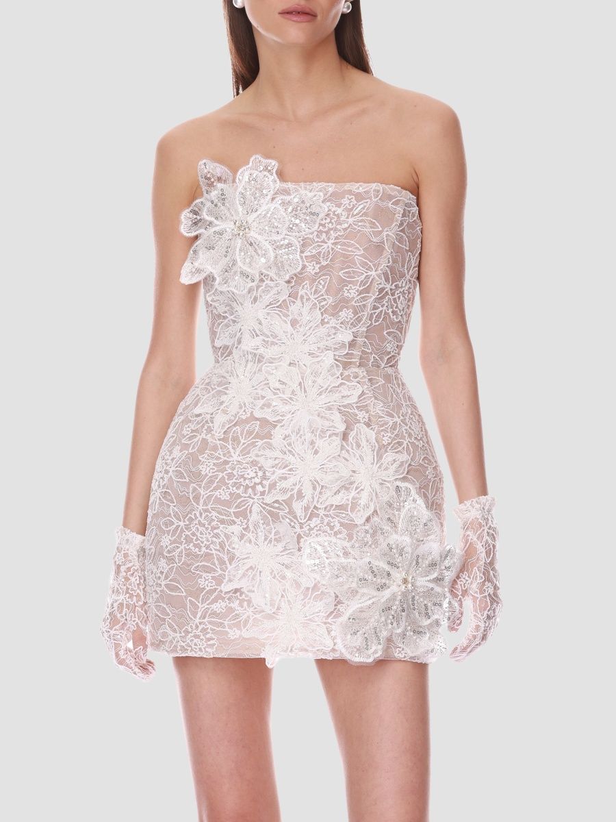 Bronx Banco Women's 3D Floral-Embellished Lace Strapless Mini Dress - White - Size XS