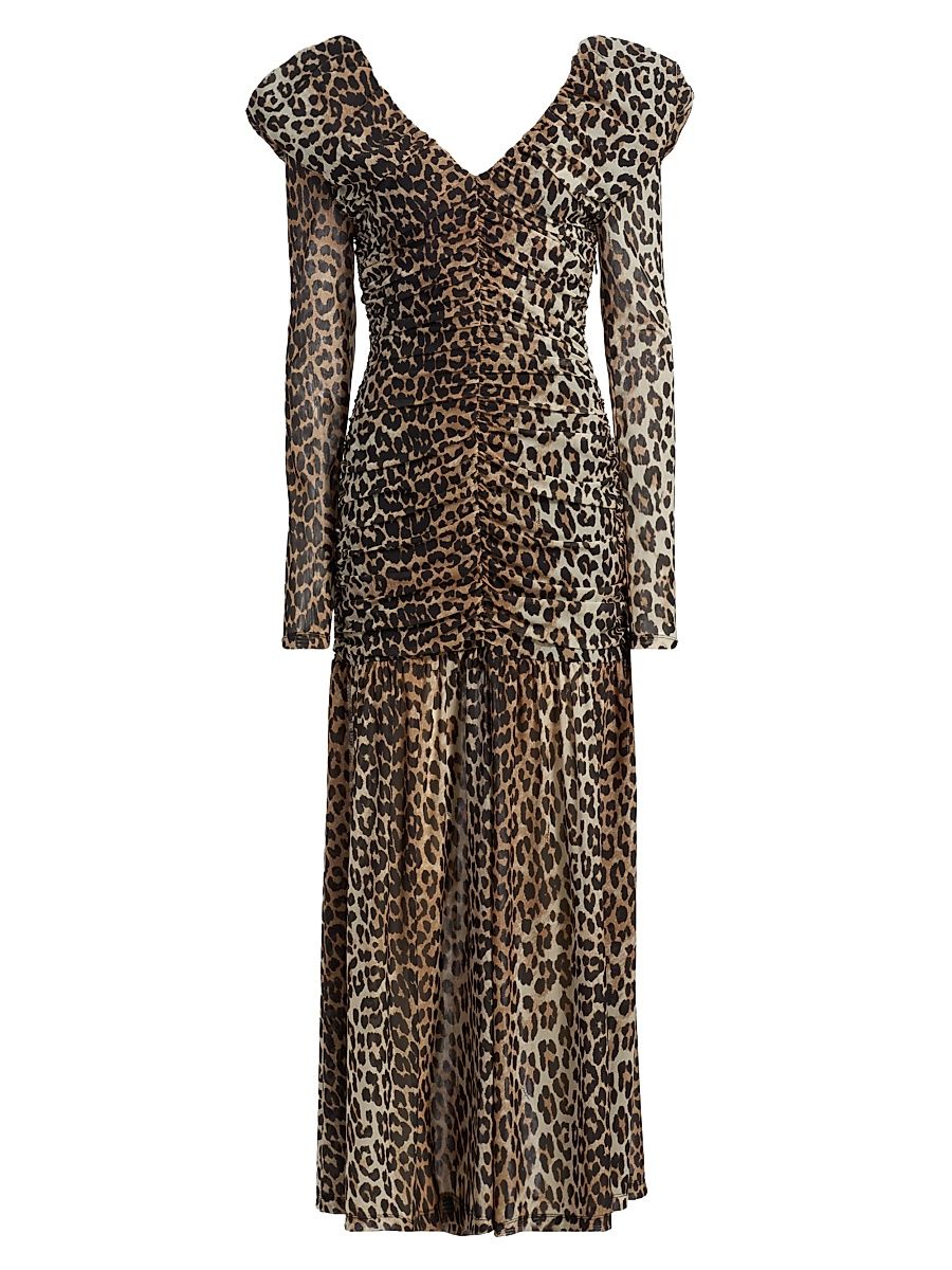 Women's Ruched Leopard Mesh Maxi Dress - Big Leopard Almond Milk - Size 14
