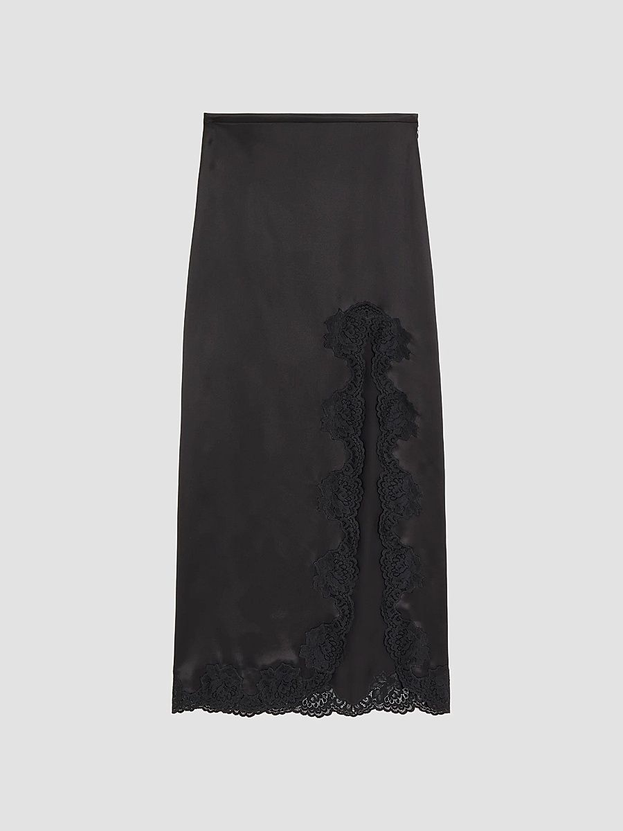 Women's Long Skirt in Crepe Satin with Lace - Black - Size 14
