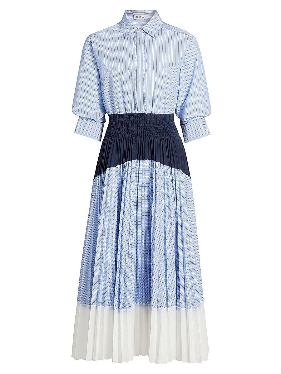 Women's Jenella Pleated Colorblocked Midi Dress - Harbor Blue Stripe - Size Small