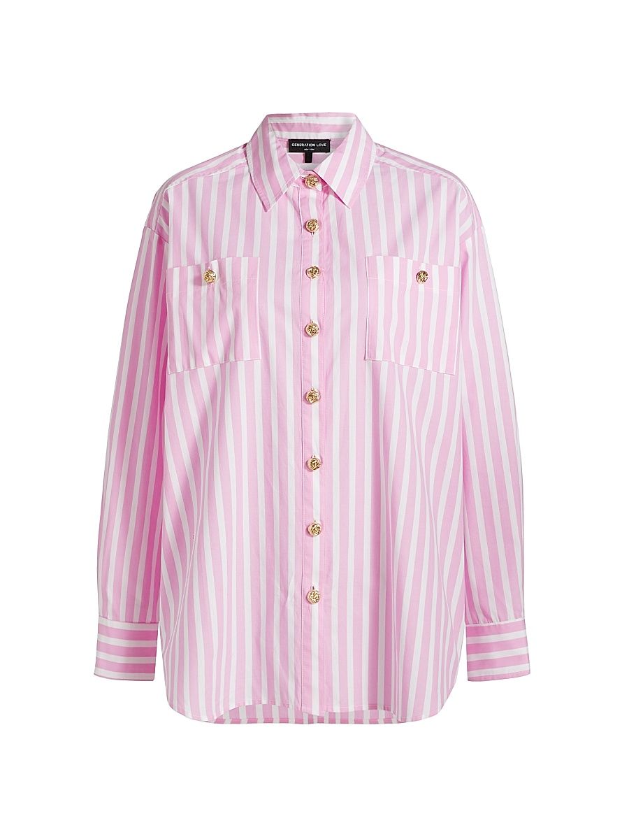 Women's Meggy Striped Poplin Button-Front Shirt - White Pink Stripe - Size Medium