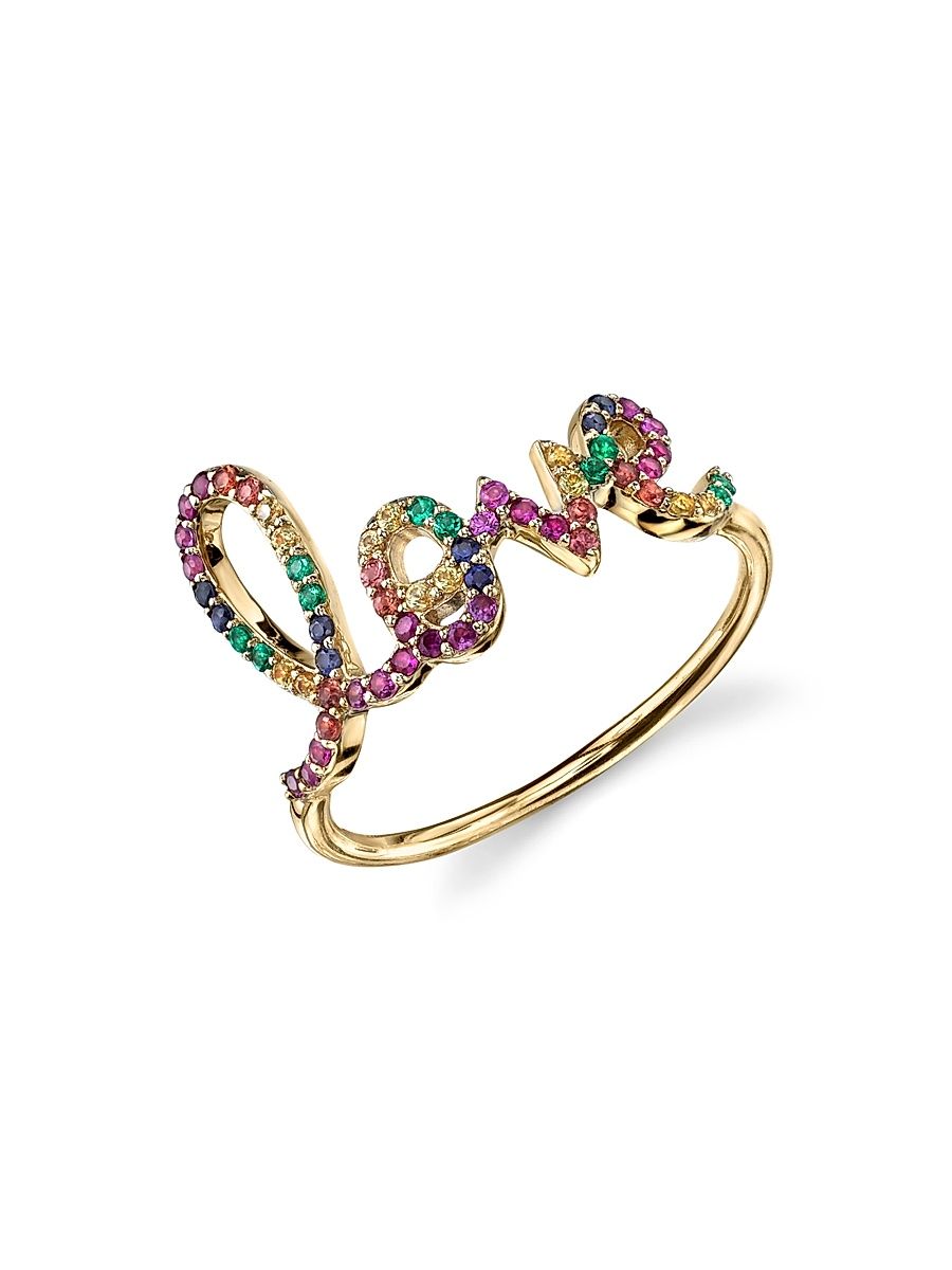 Women's Bright Smiles 14K Yellow Gold & Rainbow Sapphire Large "Love" Script Ring - Rainbow - Size 6.5
