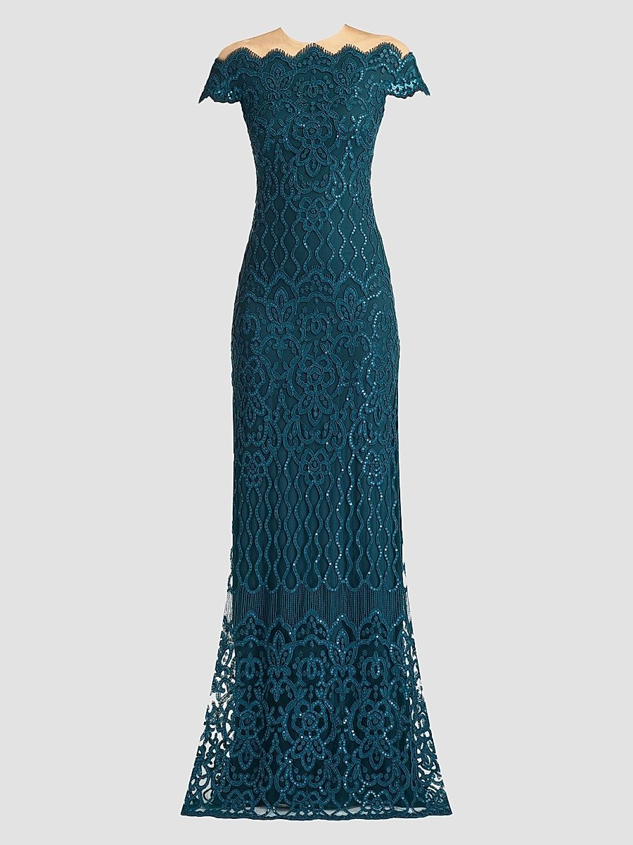 Women's Embellished Lace Illusion-Neck Gown - Starry Night - Size 4
