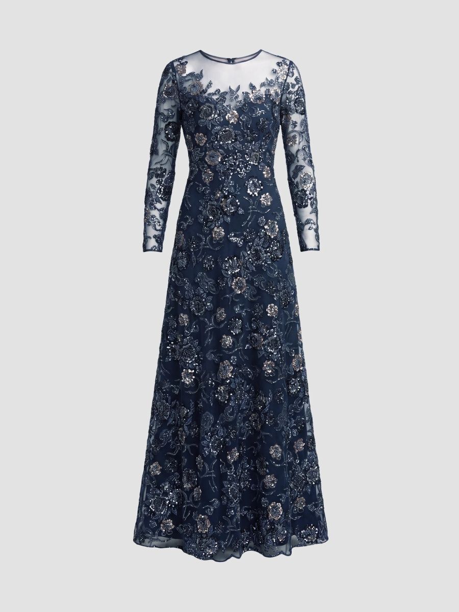 Mac Duggal Women's Floral Embroidered Long-Sleeve Gown - Midnight - Size 18