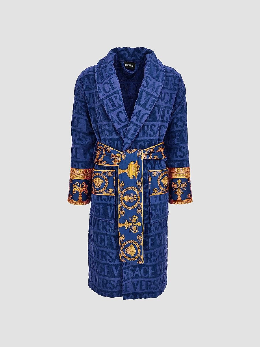 Versace Men's ?Logo Baroque Bathrobe - Cobalt Blue - Size Medium