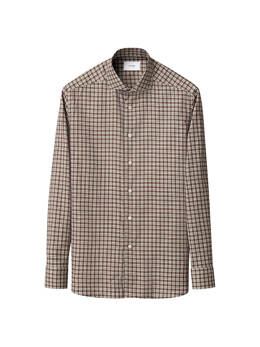 Men's Check Cotton Slim-Fit Button-Front Shirt - Brown - Size 17.5