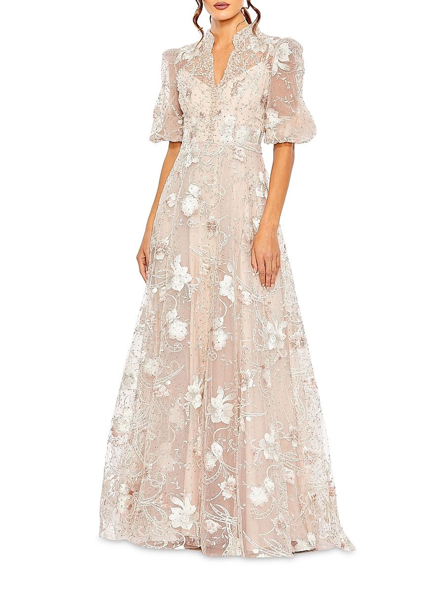 Women's Floral-Embroidered Puff A-Line Gown - Blush - Size 4
